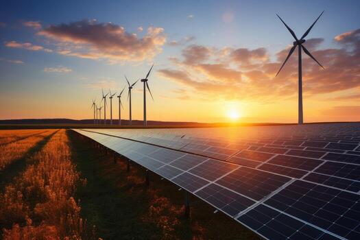 Creating sustainable energy using solar panels and wind farms is enterprise friendly. The concept of clean and sustainable development. Generative AI photo