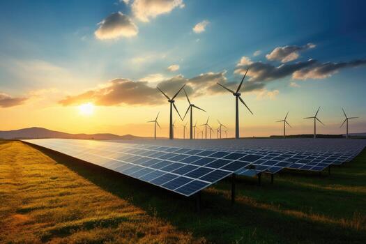 Creating sustainable energy using solar panels and wind farms is enterprise friendly. The concept of clean and sustainable development. Generative AI photo