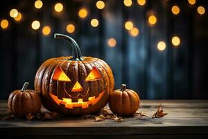 One scary Halloween pumpkin Jack O'Lantern There were evil faces and eyes on the wooden bench. Table with misty background with space for products by generative ai. photo