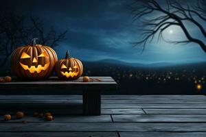 One scary Halloween pumpkin Jack O'Lantern There were evil faces and eyes on the wooden bench. Table with misty background with space for products by generative ai. photo