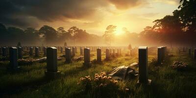 un cementerio para el muerto con filas de sagrado lápidas cada firmar dice un historia. el concepto de el legado de esos perdido en guerra por generativo ai. foto