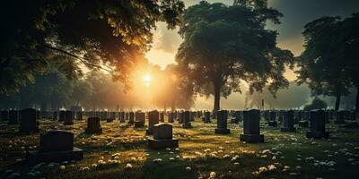 A graveyard for the dead with rows of sacred gravestones. Each sign tells a story. The concept of the legacy of those lost in war by generative ai. photo