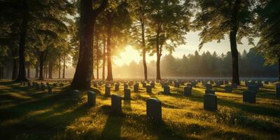 un cementerio para el muerto con filas de sagrado lápidas cada firmar dice un historia. el concepto de el legado de esos perdido en guerra por generativo ai. foto