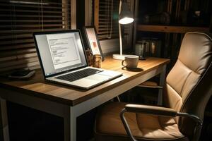 AI generated Blank notebook with white sheets and pen on a wooden table. Business concept photo