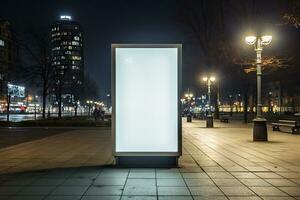 white blank advertising billboard. street mockup panel. digital lightbox poster ad banner board. bus shelter advertising. green park background. vertical format sign. Generated AI photo