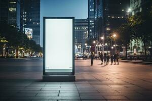 white blank advertising billboard. street mockup panel. digital lightbox poster ad banner board. bus shelter advertising. green park background. vertical format sign. Generated AI photo