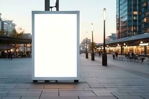 white blank advertising billboard. street mockup panel. digital lightbox poster ad banner board. bus shelter advertising. green park background. vertical format sign. Generated AI photo