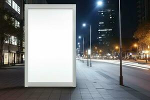 white blank advertising billboard. street mockup panel. digital lightbox poster ad banner board. bus shelter advertising. green park background. vertical format sign. Generated AI photo