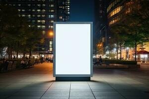 white blank advertising billboard. street mockup panel. digital lightbox poster ad banner board. bus shelter advertising. green park background. vertical format sign. Generated AI photo