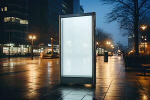 white blank advertising billboard. street mockup panel. digital lightbox poster ad banner board. bus shelter advertising. green park background. vertical format sign. Generated AI photo