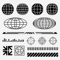 Retro-Futuristic Shapes collection globes, barcode, abstract shape for street wear and y2k fashion design vector