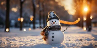 A cute smiling snowman in the biggest of the snow with a background. bokeh a Christmas tree and house the mountain. It's a blurred background. Generative AI photo