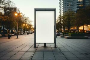 white blank advertising billboard. street mockup panel. digital lightbox poster ad banner board. bus shelter advertising. green park background. vertical format sign. Generated AI photo