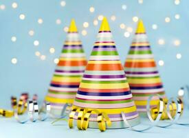 Colorful party hats and festive decor for party on blue background. Copy space. Close-up. photo