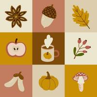 Graphic autumn vector seamless pattern with apple, acorn, berry branch, pumpkin, fly agaric, oak leaf, cup of tea, maple seeds