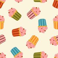 Cupcake with cream vector seamless pattern. Muffin with hearts texture. Romantic Valentine's day dessert background