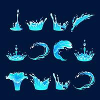 sea or ocean waves and swirl. Blue water motion effects, flows, streams, spills and crown shape isolated on background,  Liquid water splashes vector cartoon set.