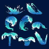 sea or ocean waves and swirl. Blue water motion effects, flows, streams, spills and crown shape isolated on background,  Liquid water splashes vector cartoon set.