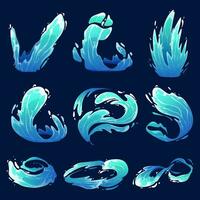 sea or ocean waves and swirl. Blue water motion effects, flows, streams, spills and crown shape isolated on background,  Liquid water splashes vector cartoon set.