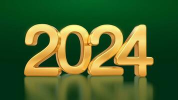Happy New Year 2024. Golden 3D numbers 2024 isolated on green background. Realistic festive metallic luxury gold numbers. Merry Christmas and Happy New Year greeting card. Vector illustration.