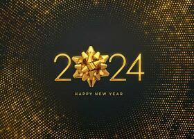 Happy New Year 2024. Golden metallic luxury numbers 2024 with golden gift bow on shimmering background. Greeting card. Bursting backdrop with glitters. Festive poster or banner. Vector illustration.