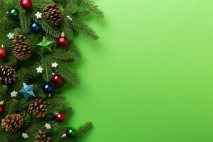 Navidad antecedentes con abeto ramas y Navidad decoración. parte superior vista, Copiar espacio para texto foto