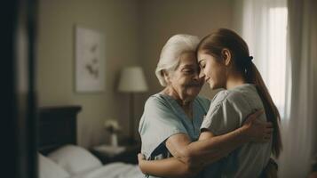 Two women embracing in a room. Elderly care concept. Generative ai photo