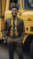 HyperRealistic photo of man standing in front of a truck. Generative ai