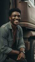HyperRealistic photo of man standing in front of a truck. Generative ai