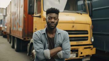HyperRealistic photo of man standing in front of a truck. Generative ai