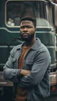 HyperRealistic photo of man standing in front of a truck. Generative ai