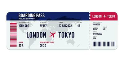 blue and red Airplane ticket design. Realistic illustration of airplane ticket boarding pass with passenger name and destination. Concept of travel, journey or business trip. Isolated on white. vector