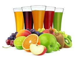 Glasses of different juice, fruits and berries isolated on white background photo