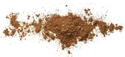 Pile cocoa powder isolated on white background. Top view photo
