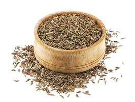 Caraway seeds in wooden bowl isolated on white background photo