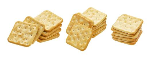 Stack of square crackers isolated on white background photo