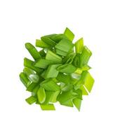 Chopped chives, fresh green onions isolated on white background, top view photo