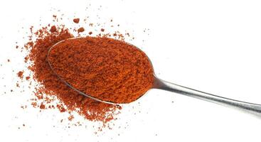 Ground red paprika in spoon isolated on white background. Top view photo