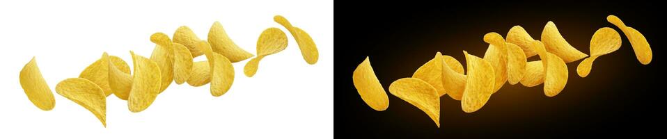 Falling potato chips isolated on white and black backgrounds photo