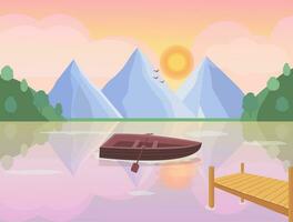 Landscape with boat on the lake, mountains. Lovely sunset vector