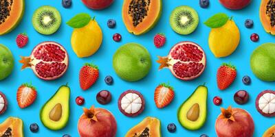 Seamless pattern of different fruits and berries, flat lay, top view, tropical and exotic texture photo