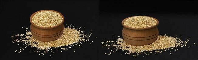 Quinoa seeds. Bowl of healthy white quinoa grains isolated on black background, close-up photo