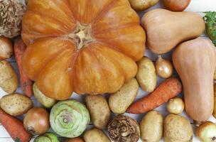 Autumn vegetables on white wooden table background, top view photo