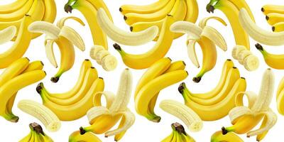 plátano sin costura patrón, que cae bananas aislado en blanco antecedentes con recorte camino foto