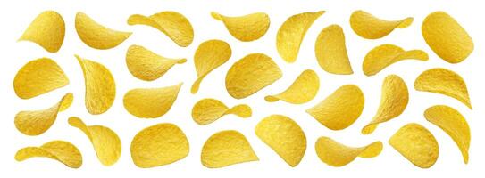 Potato chips isolated on white background, collection photo
