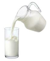 Pouring milk from jug into glass isolated on white background photo
