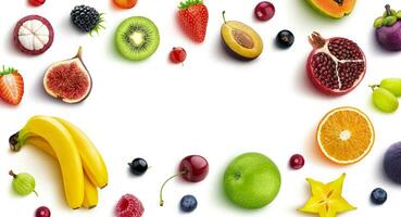 Frame made of different fruits and berries, flat lay, top view photo