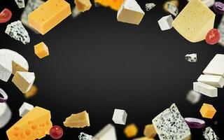 Cheese frame on black background, different types of cheese photo