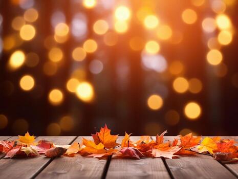 AI Generated autumn maple leaves on wooden plank stand table with glittering bokeh background for Thanksgiving day design concept. photo