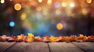 AI Generated autumn maple leaves on wooden plank stand table with glittering bokeh background for Thanksgiving day design concept. photo